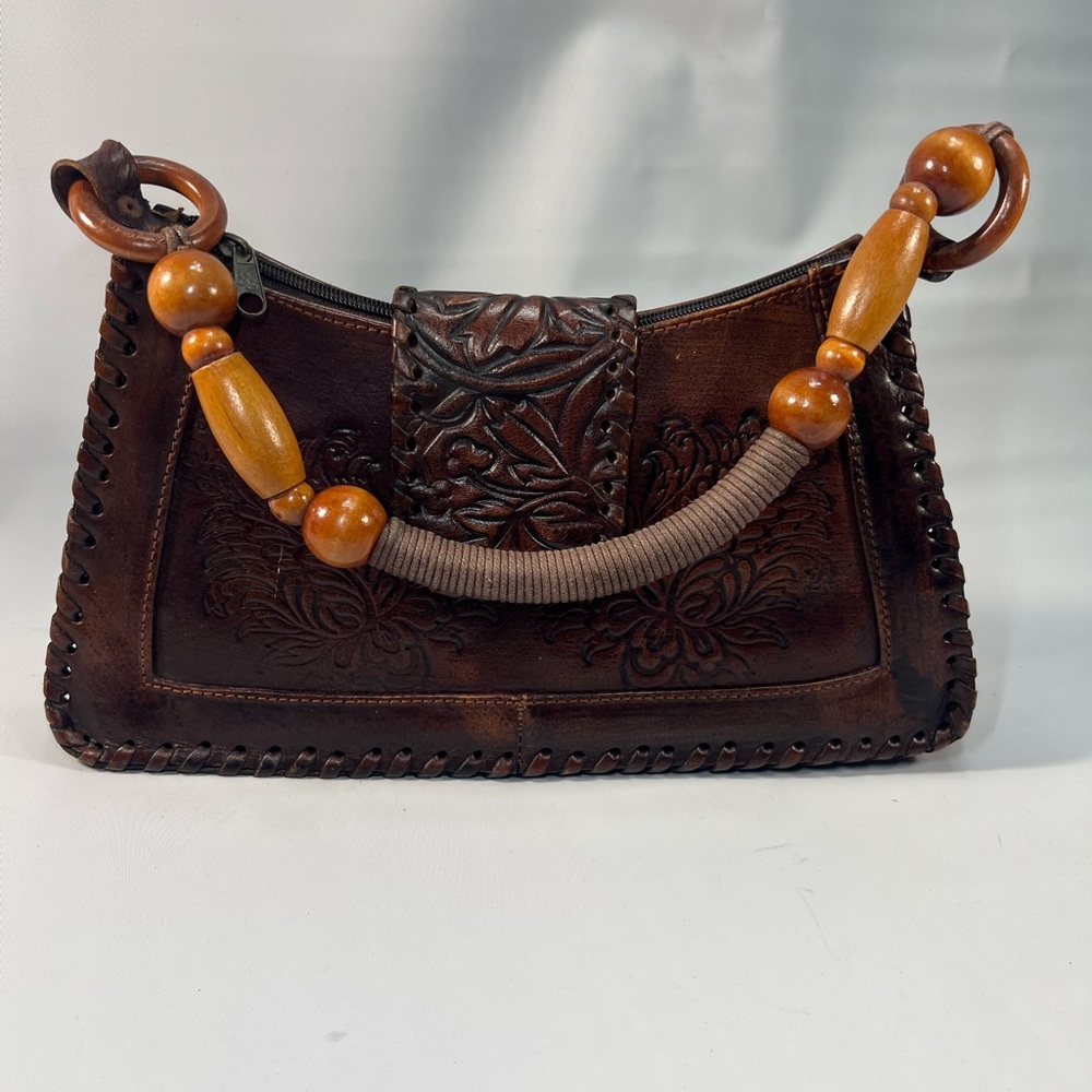 Vintage Tooled Leather Handbag With Wood Bead  Straps Retro BoHo Hippy Style